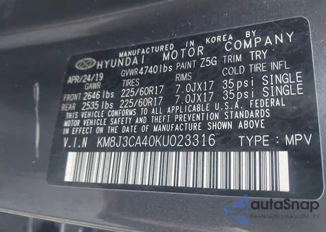 2019 Hyundai Tucson Limited/Sel/Sport/Ultimate/Value/Night from USA, damaged, VIN KM8J3CA40KU023316